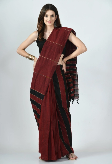 Mehrunnisa Handloom Linen Butta SAREE With Zari Border From West Bengal  (GAR2719, Maroon & Green) - mehrunnisa