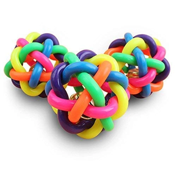 Tunai Interactive Multi Color Wire Knot Rubber Noodle Dog Ball Toy With Active Bell Sound, Essential For Training, Fetch & Play Purposes Better Than Frisbee For Small & Medium Adult Sized Dogs Like Go