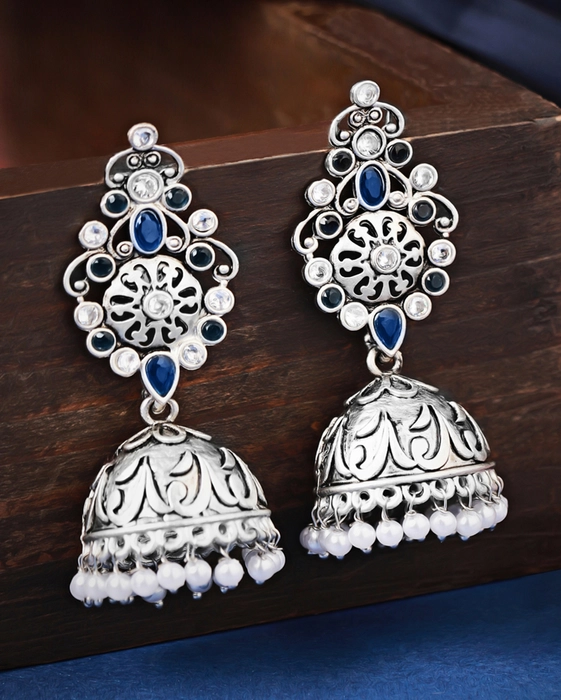 Buy Bindhani Women's Blue Drops Golden Oxidised Jhumka Earrings