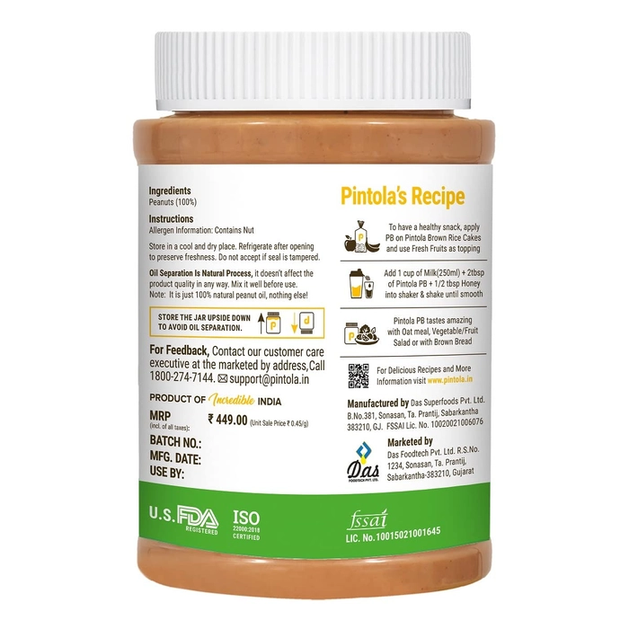 Pintola All Natural Peanut Butter (Crunchy) | Unsweetened | 30g Protein ...