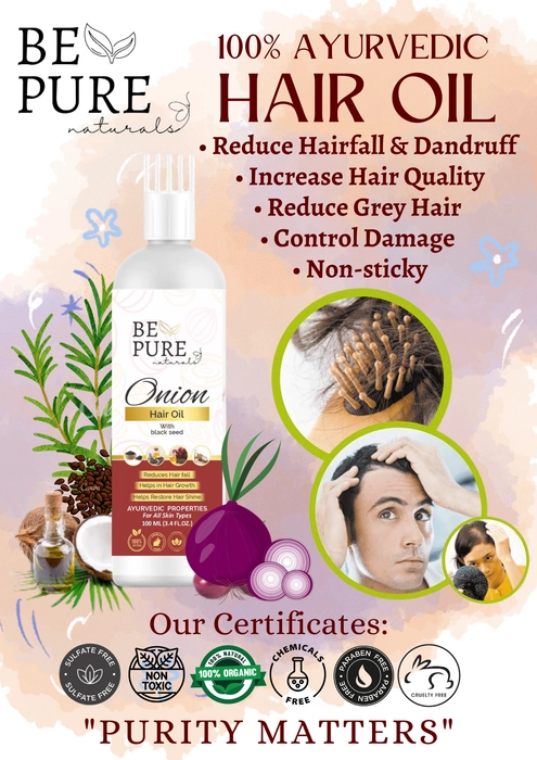 Be Pure Naturals Onion Hairoil with Black Seed oil that controls Hairfall, Dandruff, Damaged Hairs, Thin Hair, Split Hair & gives Healthy Growing Hair (100% Ayurvedic Oil, 100ml)