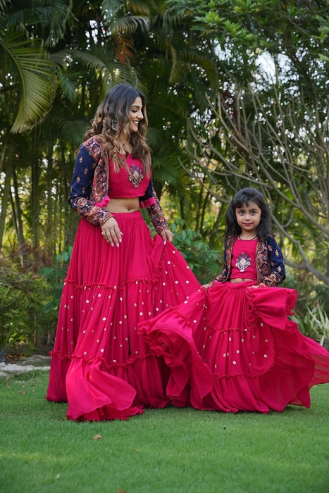 Sparkling Sequins Top and Blue Net Lehenga Mom and Daughter Matching S