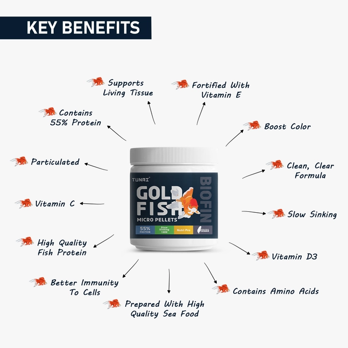 Tunai Gold Fish Food | 55% Protein Rich Premium Food| Enhance Color and Boost Fast Growth, Slow Sinking, Formulated in Taiwan as Exclusively Gold Fish Food for Aquarium, 1mm pellets