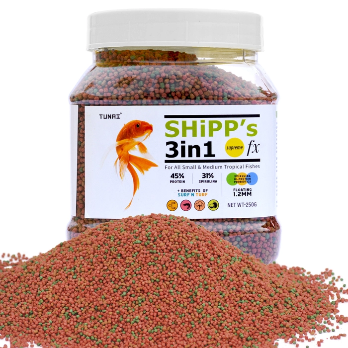 Tunai 3in1 Shipp (Spirulina, Hi-Protein and Probiotics) Fish Food for Aquarium | Aquarium Fish Food for All Small to Medium Tropical Fishes| Fish Feed for Growth, Color and Strength