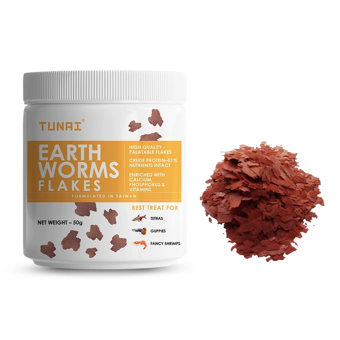 Tunai Earth Worm Flakes | 50g | Supplement Treat for Tetras, Guppies and Fancy Shrimps (Earth Worms Dried Flakes - 50g)