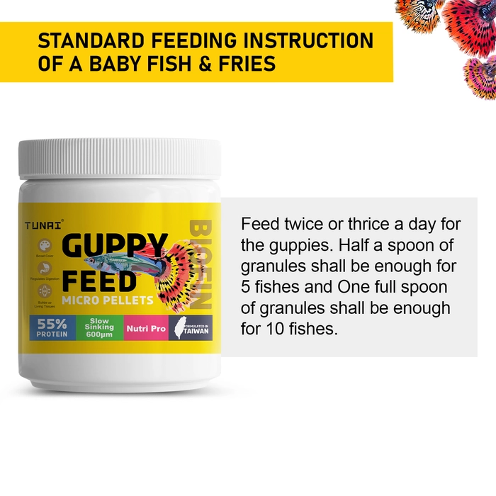 Tunai Guppy Fish Food with 55% Protein| 40g |600 Microns - Slow Sinking Micro Pellets| Guaranteed Tail Color Enhancement for Guppies, Taiwan Formula