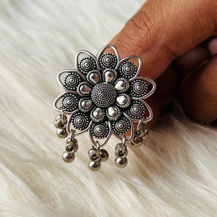 Indian Big Oxidized Silver Color Metal Rings for Women Boho Carved Flower  Rhinestone Wedding Finger Ring Afghan Party Jewelry