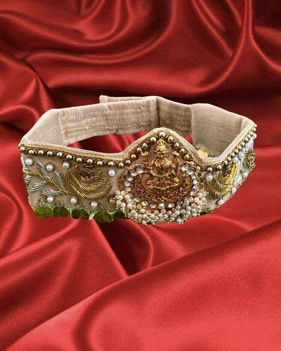 Red And Gold Waist Belt With Elegant Polki, High Grade Shell Pearl Strings,  Pearl Drops And Detailed Mina Kari By Paisley Pop
