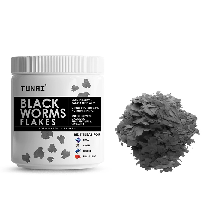 Tunai Black Worm Flakes | 50g| Supplement Treat for Betta, Angel, Cichlids, Red Parrot Fortified with 55% Protein Fish Food (Black Worms Dried Flakes - 50g)