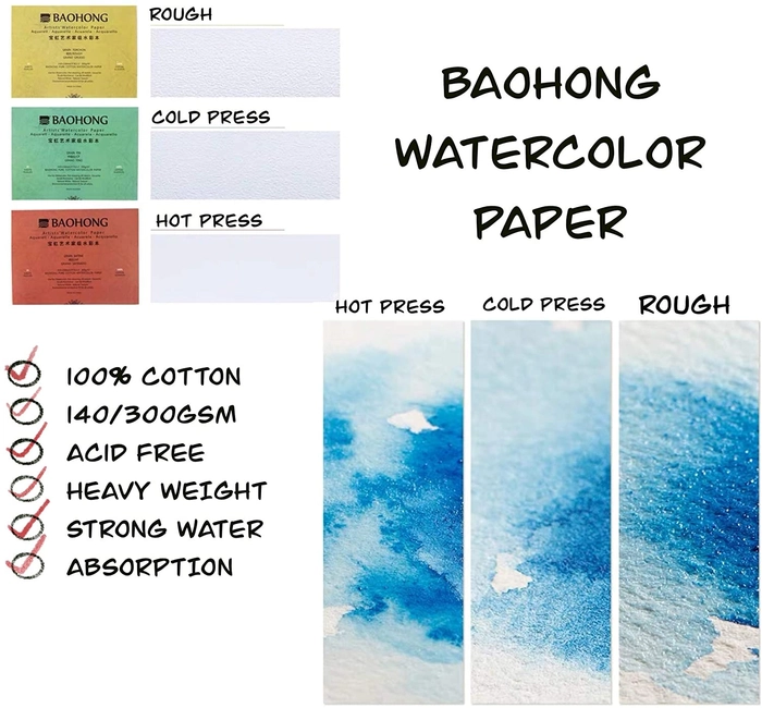 BAOHONG Academy Watercolor Paper 100% Cotton, 140lb/300gsm