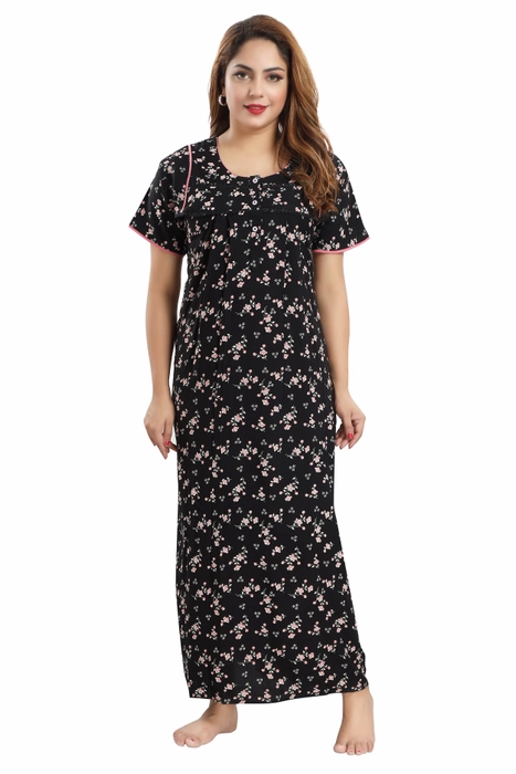 Rayon Nightgown with Allover Print and Front Pleats Rose Petals