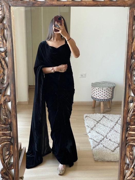 Black Velvet Sequins Predrapped Saree – Shopaholics Choice