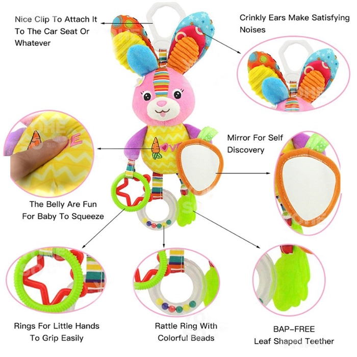 Happy Monkey Baby Plush Soft Animal Bed Mobile Bunny Rattle Infant Bed Hanging Stroller Toy HM