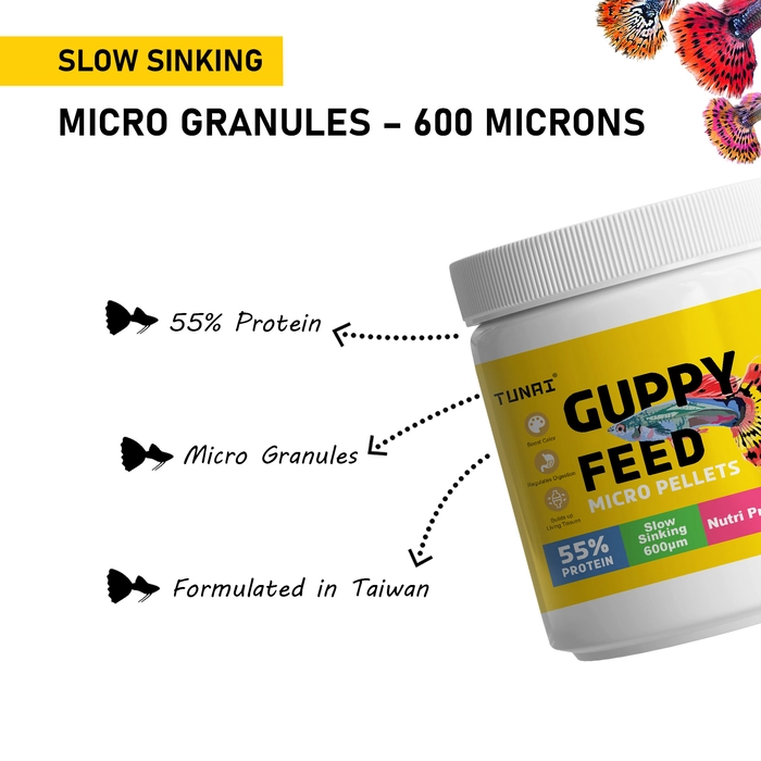 Tunai Guppy Fish Food with 55% Protein| 40g |600 Microns - Slow Sinking Micro Pellets| Guaranteed Tail Color Enhancement for Guppies, Taiwan Formula