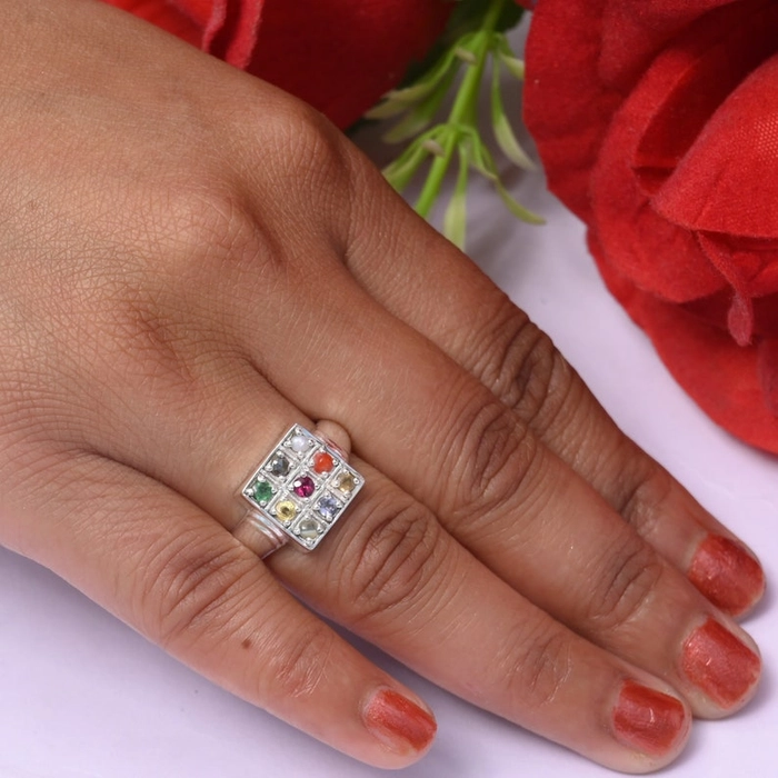 Silver Plated Jewelry Navratan Stone Men's Fashion Ring - Gem O Sparkle