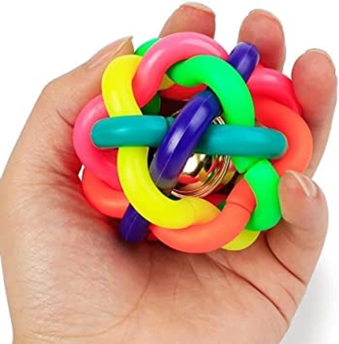 Tunai Interactive Multi Color Wire Knot Rubber Noodle Dog Ball Toy With Active Bell Sound, Essential For Training, Fetch & Play Purposes Better Than Frisbee For Small & Medium Adult Sized Dogs Like Go