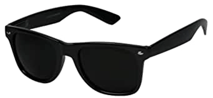 Glasses: -Care Label- Unisex black rimmed totally 80s sunglasses with dark  black lenses.