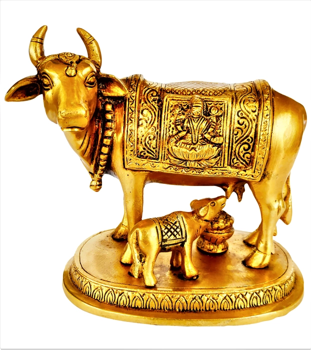 Kamdhenu Cow-Calf with Laxmi, Ganesh