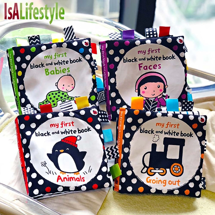 Newborn Baby Early Learning Development Educational Fabric Cloth Book Black and White Book with Colourful Labels