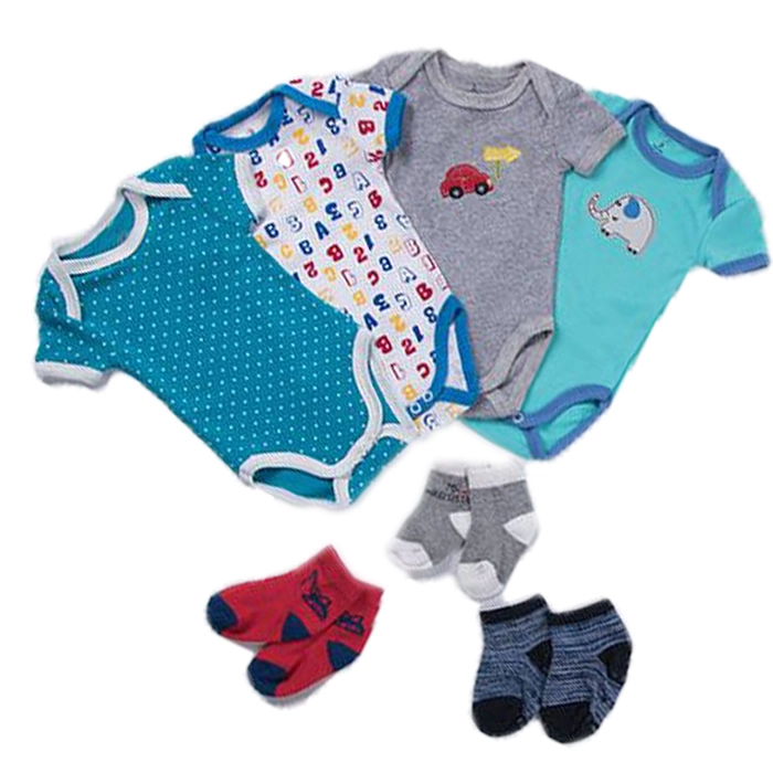 4 Shorts Sleeve Romper and 3 Pair Sock Gift Set - Baby Boy/Girl (Random Design)