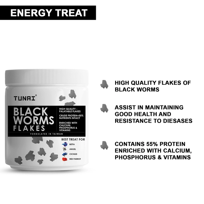 Tunai Black Worm Flakes | 50g| Supplement Treat for Betta, Angel, Cichlids, Red Parrot Fortified with 55% Protein Fish Food (Black Worms Dried Flakes - 50g)