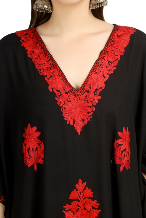 Autumn-Blonde Long Kashmiri Georgette Kaftan with Floral Aari Hand  Embroidery and Contrast Red Border