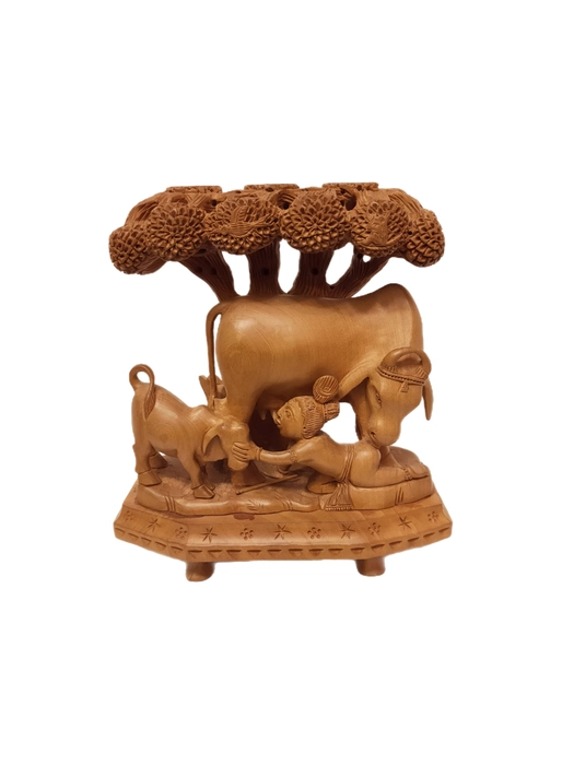 WOODEN COW CALF WITH BAL KRISHNA AND TREE