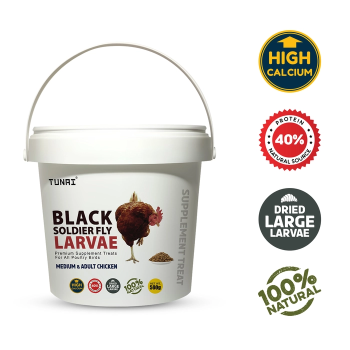 Tunai Black Soldier Larvae | 500g | 60X Calcium, Fortified with 40% Protein Treat for All Adult Chicken and Poultry Birds for Better Egg Shell Health and Growth