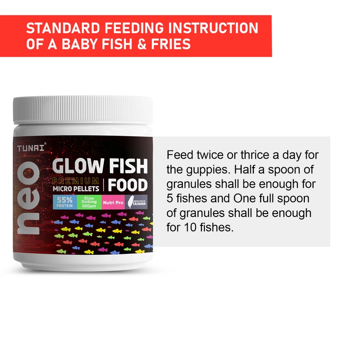 Tunai Glow Widow Fish Food | 40g | 55% Protein for Strong Tissue Growth| 600 Microns Slow Sinking Aquarium Guppy Food (40g - 600 microns Granules)