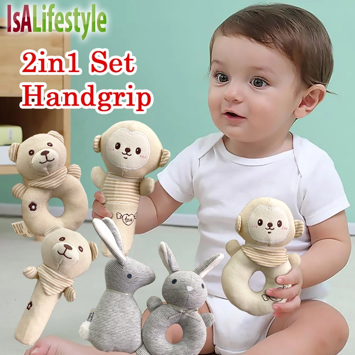 Baby Handgrip 2in1 Set Rattle Hand Grip Beeper Infant Toddler Early Development Toy 100% Soft Cotton