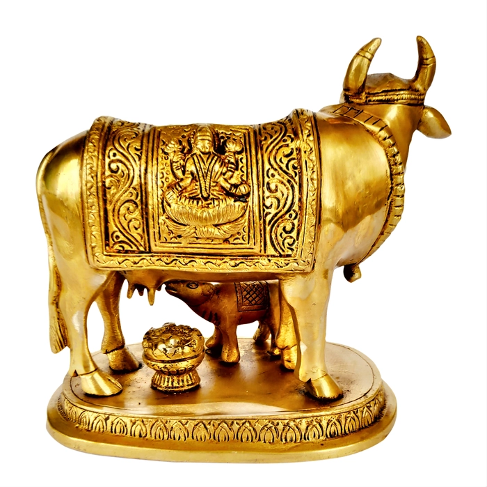 Kamdhenu Cow-Calf with Laxmi, Ganesh