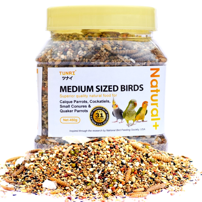 Tunai Natural + 31 Varieties of Native Millets, Seeds and Mineral Foods for Birds (Medium Sized - Caique Parrots, Cockatiels, Small Conures and Quaker Parrots, 450g)