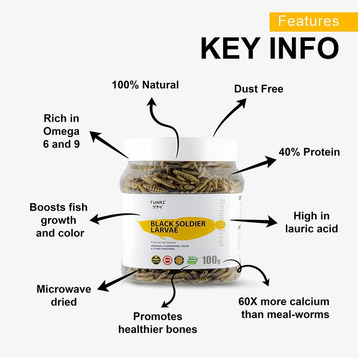 Tunai Black Soldier Fly Larvae Dried 60X Calcium More Than Meal Worms, 40% Protein Rich Fish Food for Oscar, Arowana, Flowerhorn, Turtles, Tortoise and Other Reptiles, Essential for Growth and Enhance