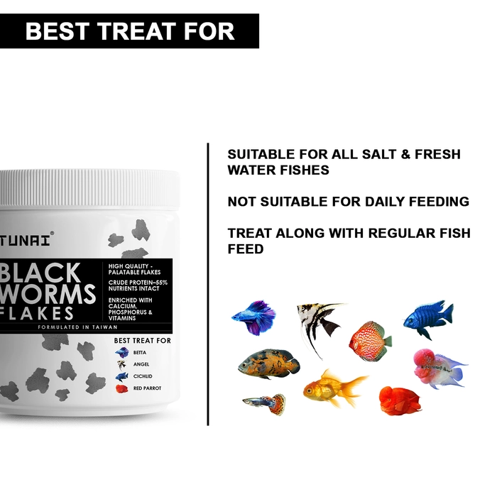 Tunai Black Worm Flakes | 50g| Supplement Treat for Betta, Angel, Cichlids, Red Parrot Fortified with 55% Protein Fish Food (Black Worms Dried Flakes - 50g)