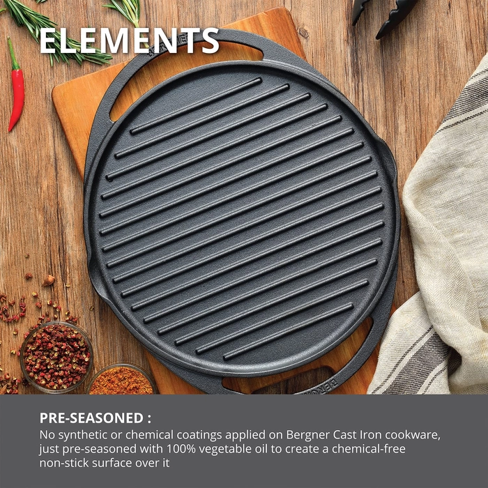 Bergner Elements Pre-Seasoned Cast Iron Dosa Tawa, 30 cm