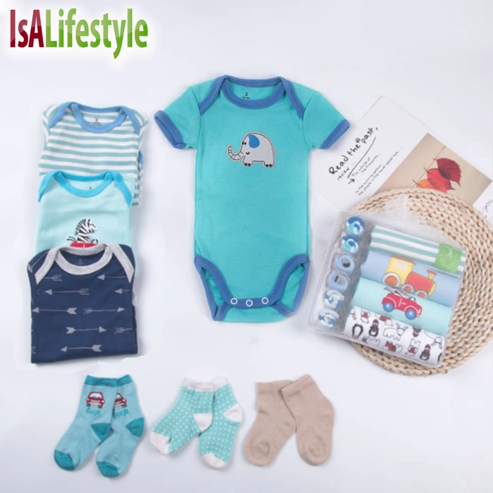 4 Shorts Sleeve Romper and 3 Pair Sock Gift Set - Baby Boy/Girl (Random Design)