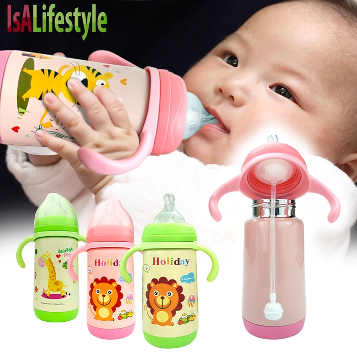 Thermal Feeding Bottle with Handle Infant Friendly Gravity Ball with Straw Stainless Steel Vacuum Bottles Bayi Termal Susu Botol