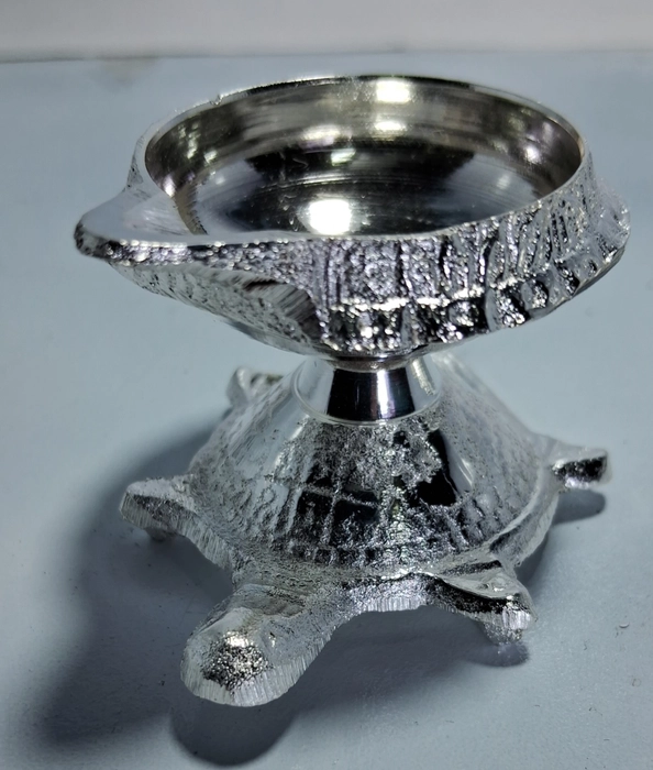 Puja and handicraft pure brass (silver coated) Kachua Kuber DIya/Tortoise design/oil lamp diya for home, office, mandir, Diwali Puja, Puja room (With bottom plate)