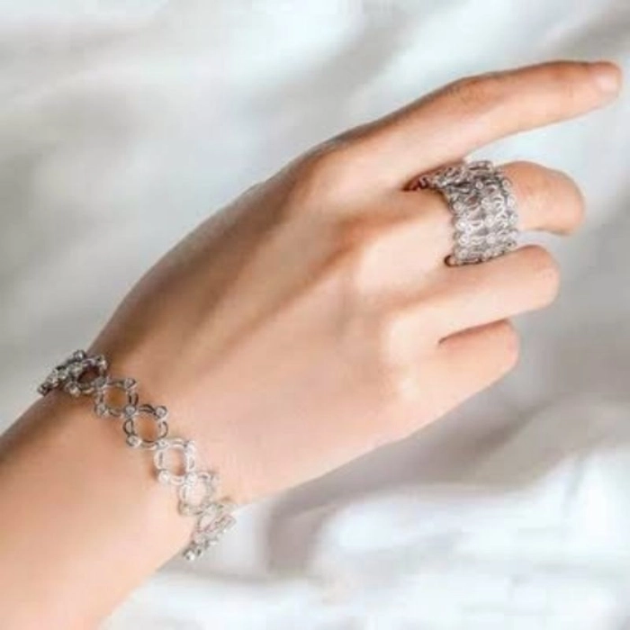 Elegant White Color Silver Plated Finger Ring Bracelet Hand Harness  Hathphool for Girls & Women