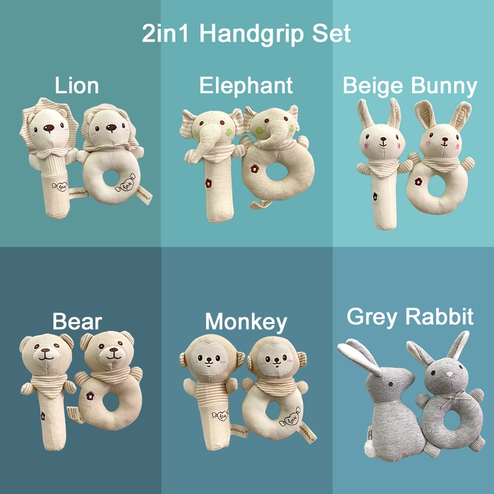 Baby Handgrip 2in1 Set Rattle Hand Grip Beeper Infant Toddler Early Development Toy 100% Soft Cotton