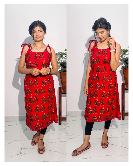 Classy Red sleeveless with Chinese collar checked A-line cotton long kurti  with a think brown belt