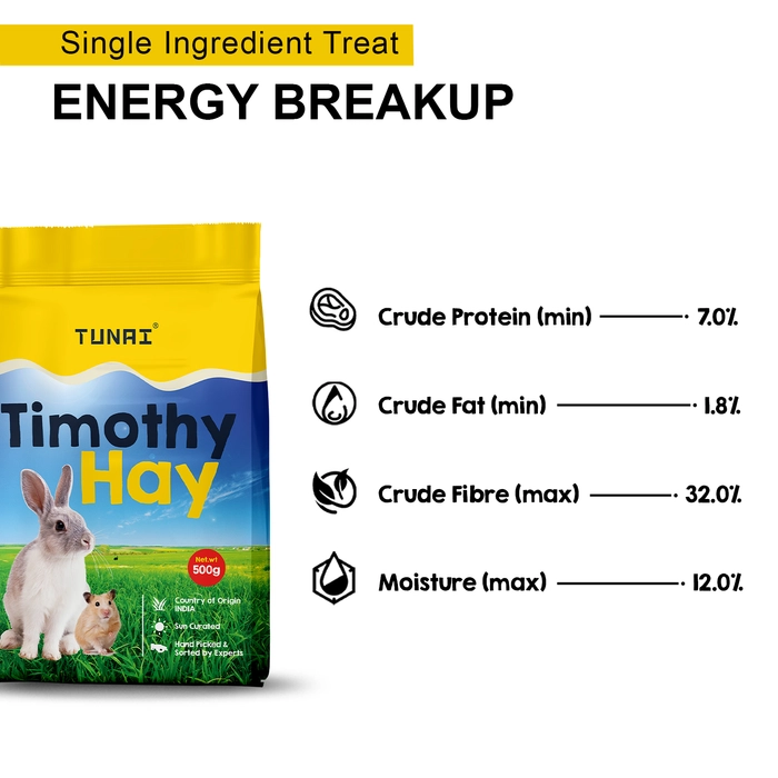 Tunai Timothy Hay for Small Animals Like Rabbit, Hamsters, Guinea Pigs, White Mice, Chinchillas, Hedgehog, 500g