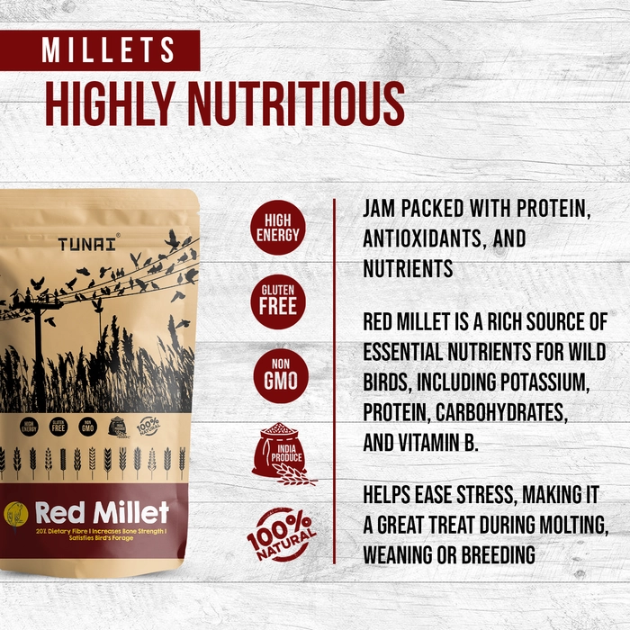 Tunai Red Millets Bird Feed | 450g |Essential Bird Food For CANARIES, FINCHES, BUDGIES, PARAKEETS, PARROTLETS, CONURES, ECLECTUS, SENEGALS, CAIQUE PARROTS, COCKATIELS, SMALL CONURES, & QUAKER PARROTS,