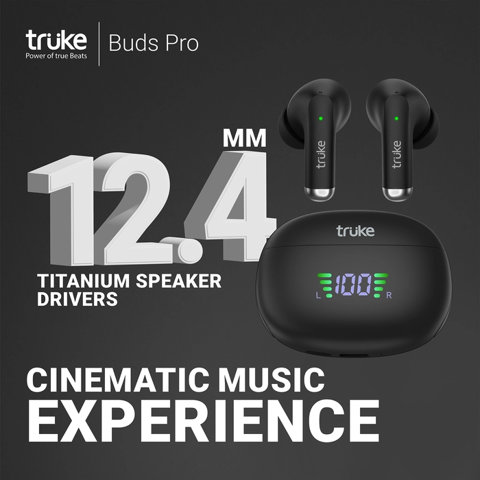 truke Buds PRO Hybrid Active Noise Cancelling ANC Bluetooth Truly Wireless in Ear Earbuds with mic Transparency Mode 12.4mm Real Titanium Speaker