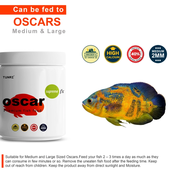 Tunai Supreme Formula Oscar Fish Food Fortified with 40% Protein and Vitamins, Essential for Color Enhancement, Growth for Medium and Large Sized Oscar Fishes, 4MM Pellet Size