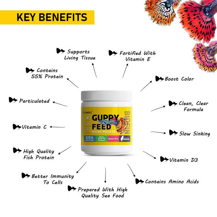 Tunai Guppy Fish Food with 55% Protein| 40g |600 Microns - Slow Sinking Micro Pellets| Guaranteed Tail Color Enhancement for Guppies, Taiwan Formula