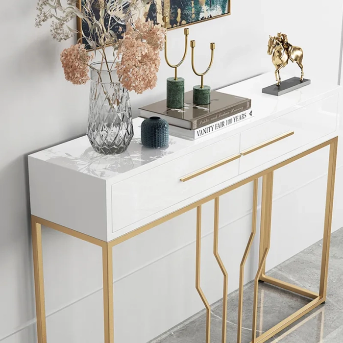 White Wood Top Console Table with Gold Legs and Drawers - Modern and ...