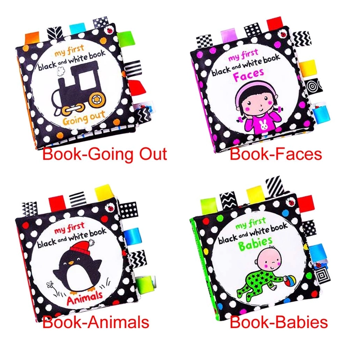 Newborn Baby Early Learning Development Educational Fabric Cloth Book Black and White Book with Colourful Labels