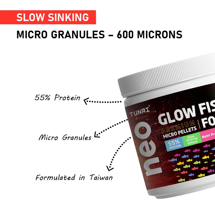 Tunai Glow Widow Fish Food | 40g | 55% Protein for Strong Tissue Growth| 600 Microns Slow Sinking Aquarium Guppy Food (40g - 600 microns Granules)