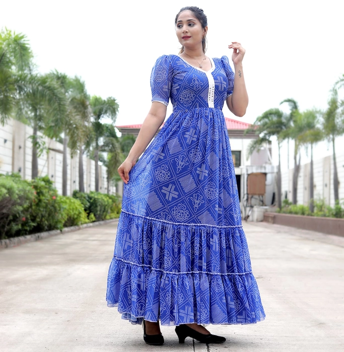 chinon Printed Ladies Party Wear Long Gowns, Blue at Rs 499 in Surat